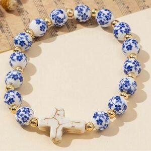 Cross, Gold, Blue, and White Porcelain Beaded Bracelet